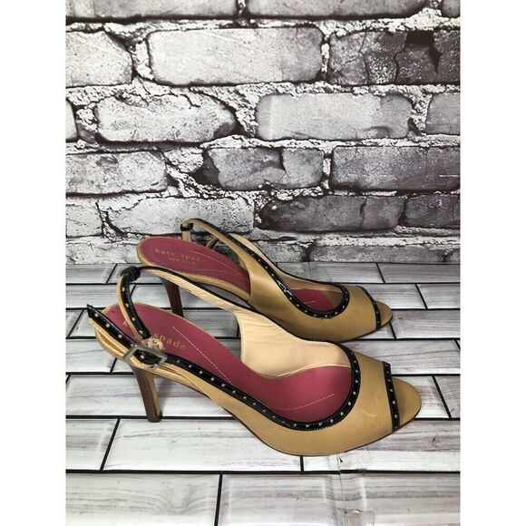 Kate Spade Camel Brown Black Patent Leather  Peep Toe Stiletto Heels Women Sz 8B - Picture 3 of 16